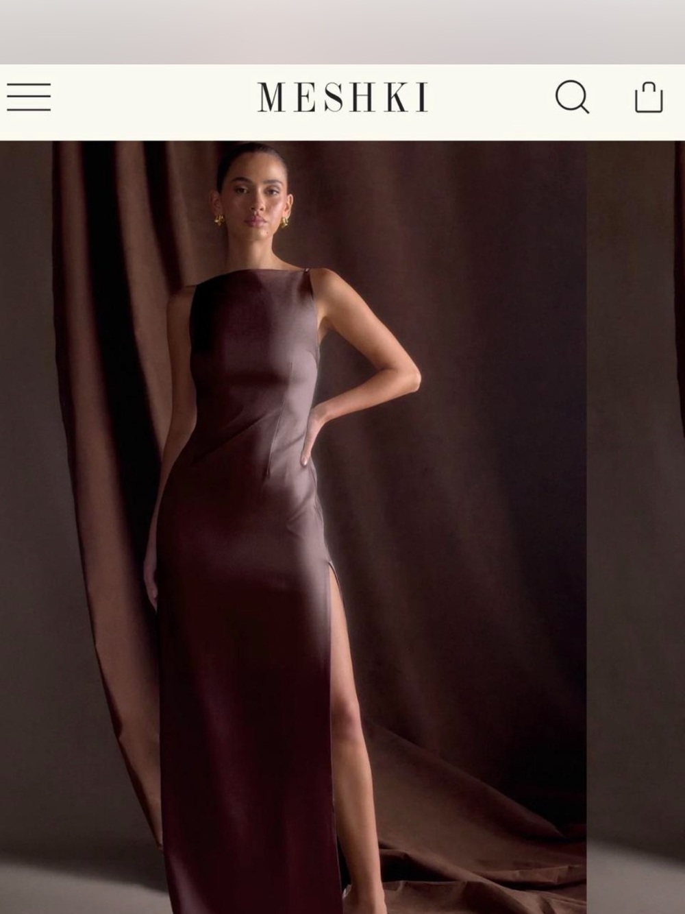 MESHKI Chocolate Brown Satin Maxi Dress with High Side Slit
